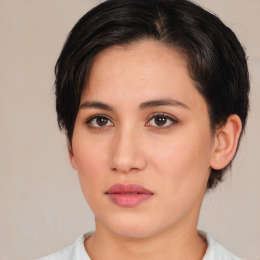 Neutral white young-adult female with medium  brown hair and brown eyes