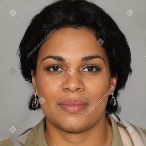 Joyful black young-adult female with medium  black hair and brown eyes