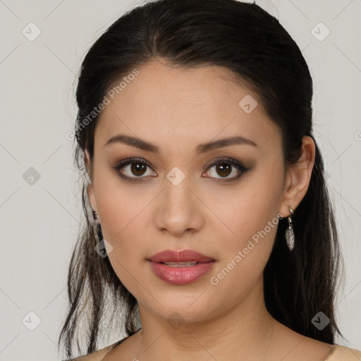 Joyful white young-adult female with long  brown hair and brown eyes