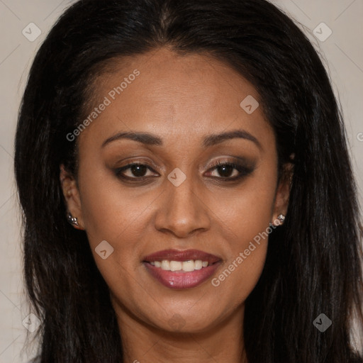 Joyful latino young-adult female with long  brown hair and brown eyes