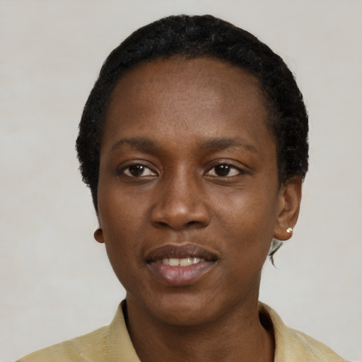 Neutral black young-adult female with short  black hair and brown eyes