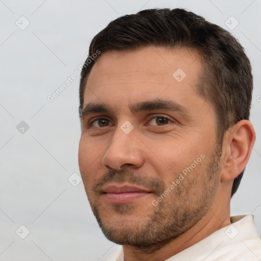 Neutral white adult male with short  brown hair and brown eyes