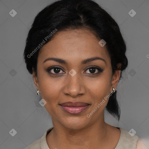 Joyful black young-adult female with medium  black hair and brown eyes