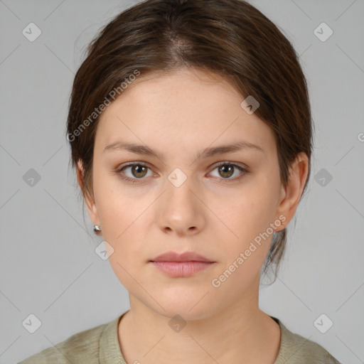 Neutral white young-adult female with medium  brown hair and brown eyes