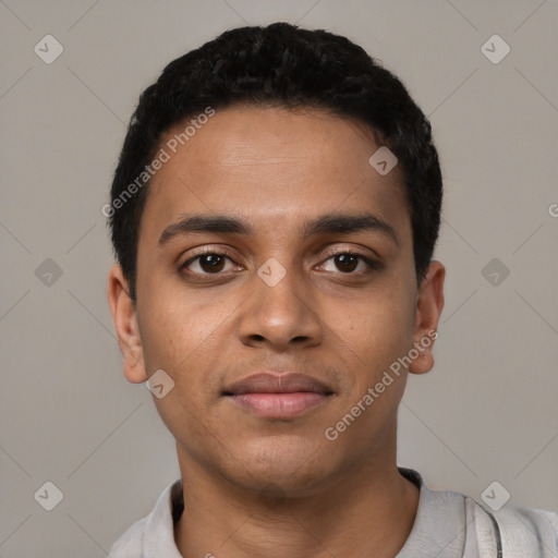 Neutral latino young-adult male with short  black hair and brown eyes