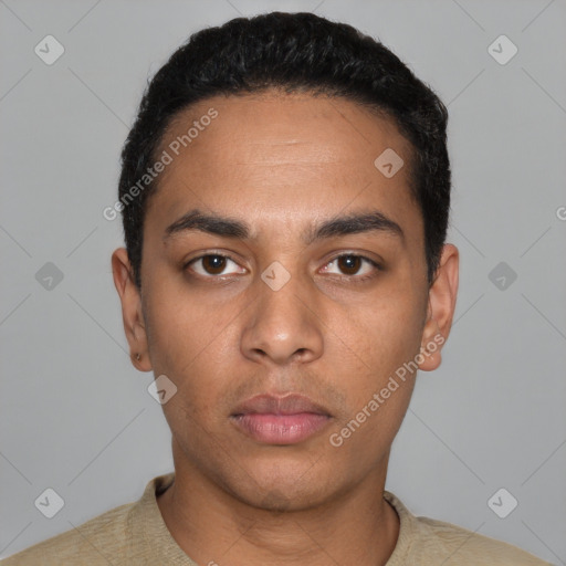 Neutral latino young-adult male with short  black hair and brown eyes