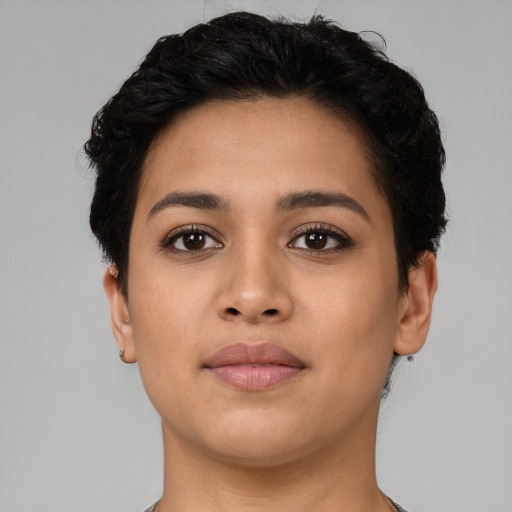 Neutral latino young-adult female with short  brown hair and brown eyes