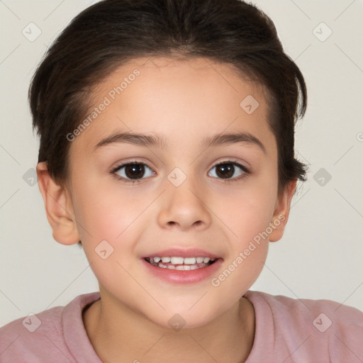 Joyful white child female with short  brown hair and brown eyes