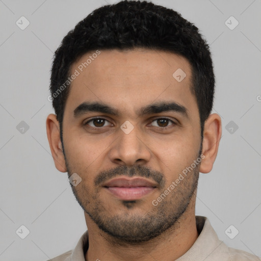 Neutral latino young-adult male with short  black hair and brown eyes