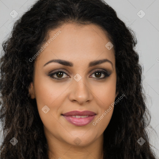 Joyful latino young-adult female with long  brown hair and brown eyes