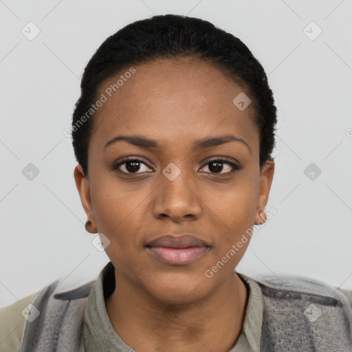 Neutral black young-adult female with short  black hair and brown eyes