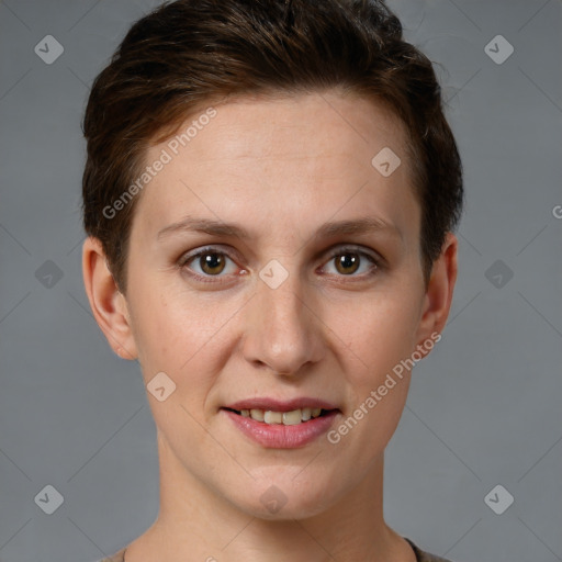 Joyful white young-adult female with short  brown hair and brown eyes