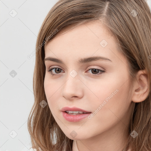 Neutral white young-adult female with long  brown hair and brown eyes