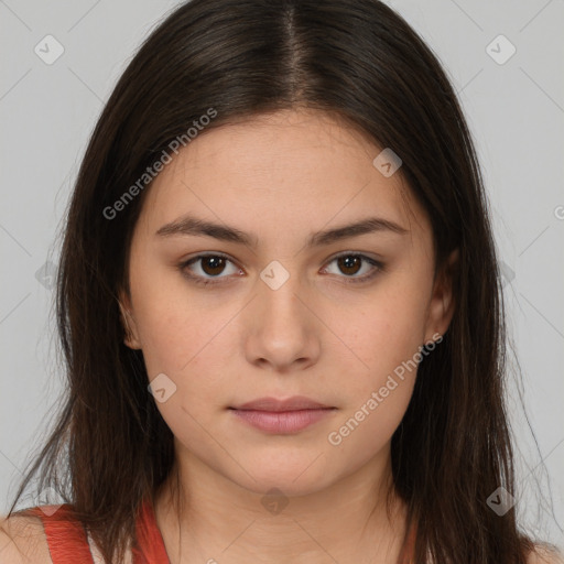 Neutral white young-adult female with long  brown hair and brown eyes