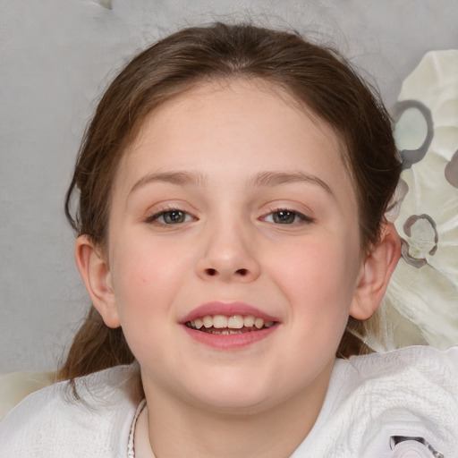 Joyful white child female with medium  brown hair and brown eyes