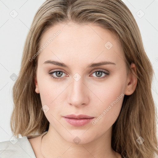 Neutral white young-adult female with long  brown hair and blue eyes