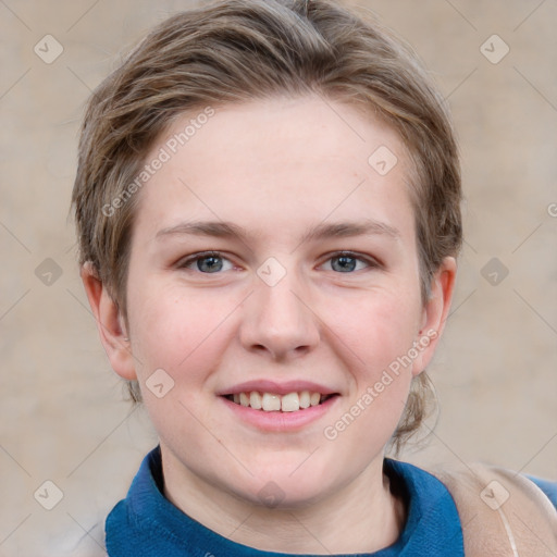 Joyful white young-adult female with medium  brown hair and blue eyes