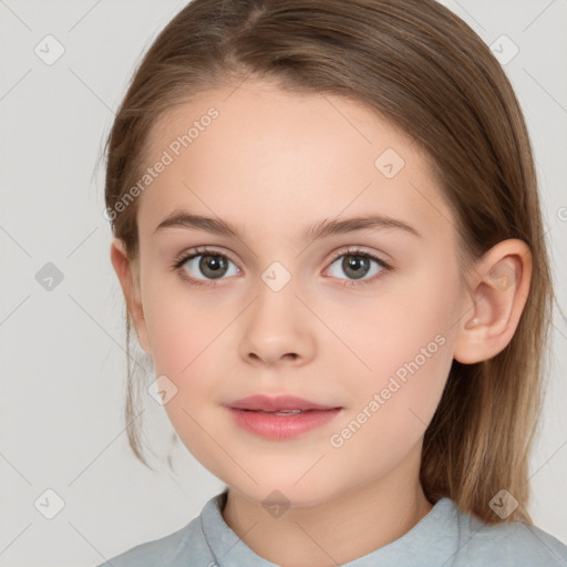 Joyful white child female with medium  brown hair and brown eyes