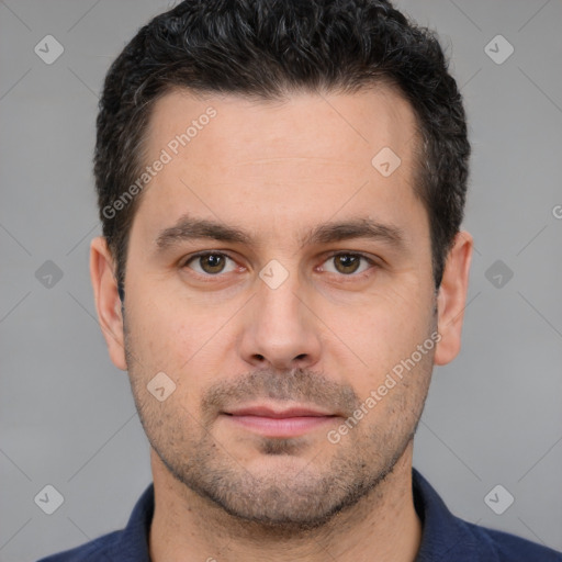 Neutral white young-adult male with short  brown hair and brown eyes
