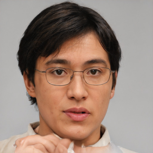 Neutral asian adult male with short  brown hair and brown eyes