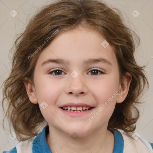 Joyful white child female with medium  brown hair and brown eyes