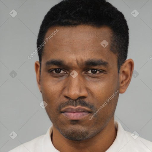 Neutral black young-adult male with short  black hair and brown eyes