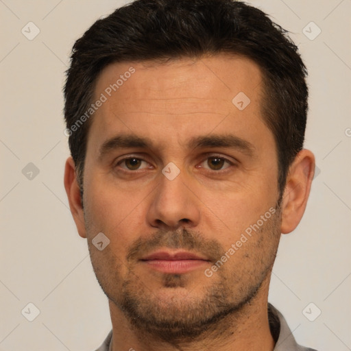 Neutral white adult male with short  brown hair and brown eyes