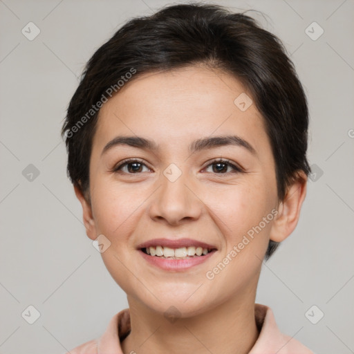 Joyful white young-adult female with short  brown hair and brown eyes