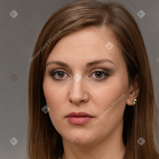 Neutral white young-adult female with long  brown hair and brown eyes