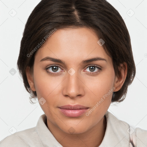 Joyful white young-adult female with medium  brown hair and brown eyes