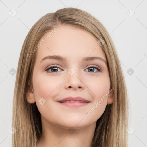 Neutral white young-adult female with long  brown hair and grey eyes