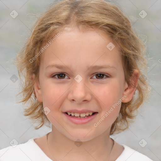 Joyful white child female with medium  brown hair and brown eyes