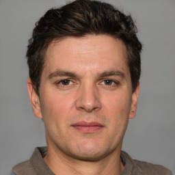 Neutral white adult male with short  brown hair and grey eyes