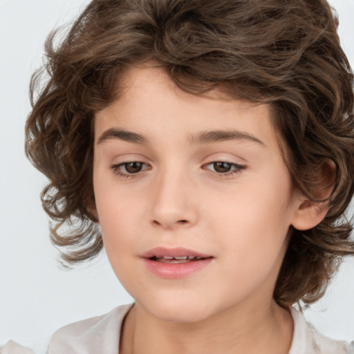 Joyful white child female with medium  brown hair and brown eyes