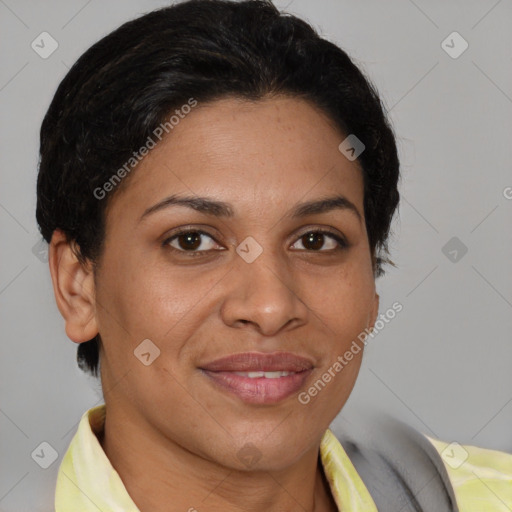 Joyful latino young-adult female with short  brown hair and brown eyes