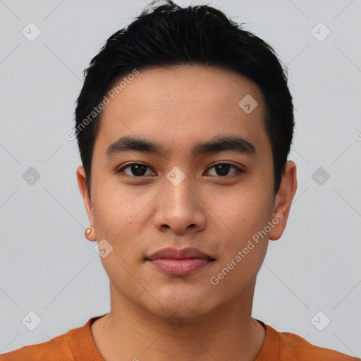 Neutral asian young-adult male with short  black hair and brown eyes