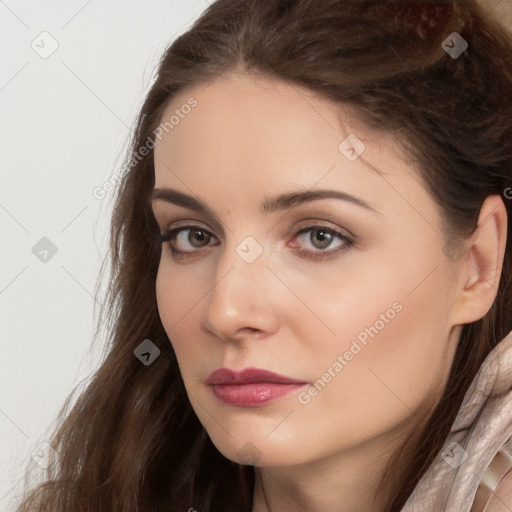 Neutral white young-adult female with long  brown hair and brown eyes