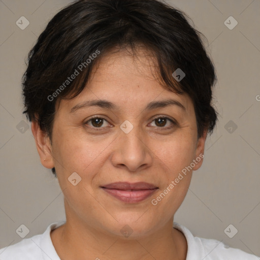 Joyful white adult female with short  brown hair and brown eyes