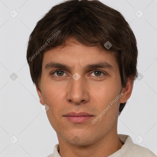 Neutral white young-adult male with short  brown hair and brown eyes