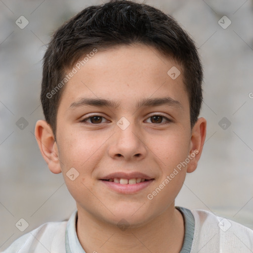 Joyful white child male with short  brown hair and brown eyes