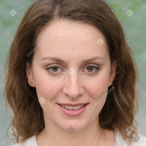 Joyful white young-adult female with medium  brown hair and green eyes