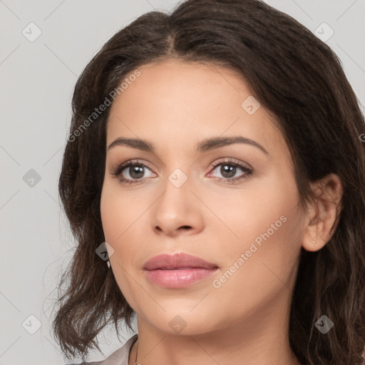 Neutral white young-adult female with long  brown hair and brown eyes