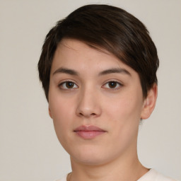 Neutral white young-adult female with short  brown hair and brown eyes