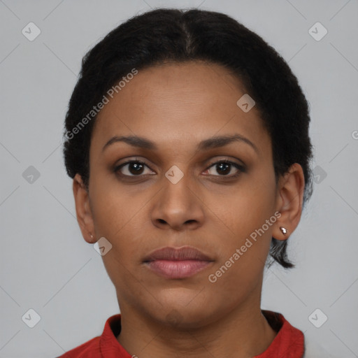 Neutral latino young-adult female with short  brown hair and brown eyes