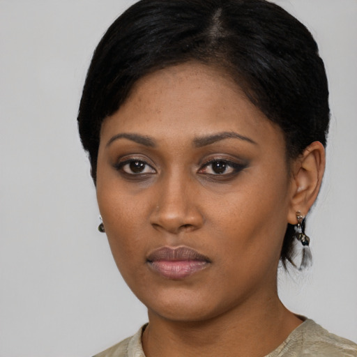 Neutral asian young-adult female with medium  black hair and brown eyes