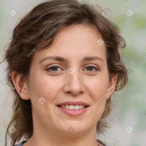 Joyful white young-adult female with medium  brown hair and green eyes