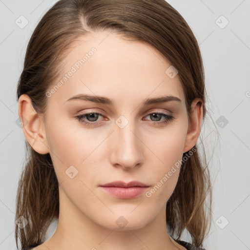 Neutral white young-adult female with medium  brown hair and grey eyes