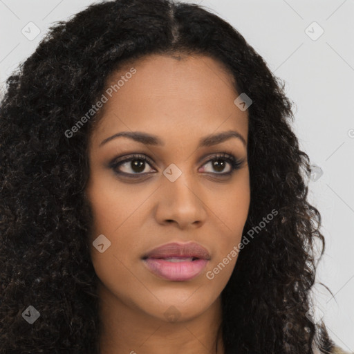 Joyful latino young-adult female with long  brown hair and brown eyes