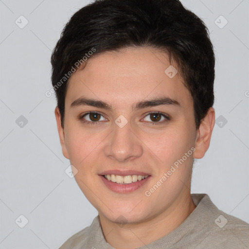 Joyful white young-adult female with short  brown hair and brown eyes