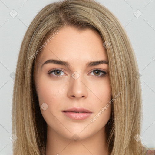 Neutral white young-adult female with long  brown hair and brown eyes